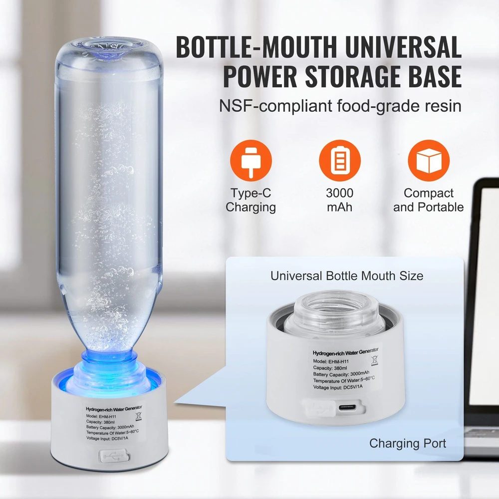Bottle-mouth universal power storage base for Type-C charging, 3000 mAh capacity, NSF-compliant food-grade resin, compact and portable with universal bottle mouth size.