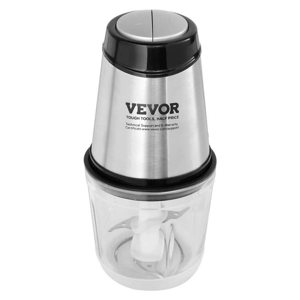 Vevor electric food processor with stainless steel body and transparent plastic container displaying blade assembly