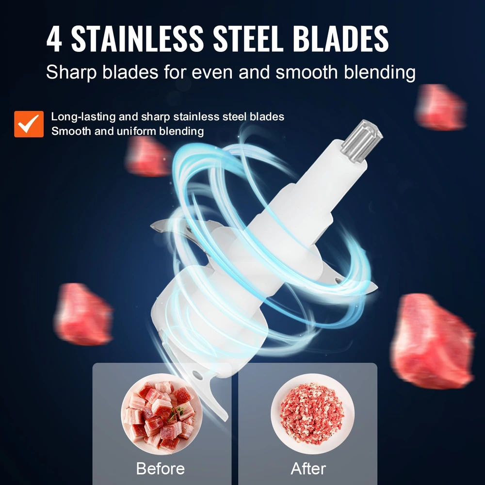 4 Stainless Steel Blades demonstrating smooth and even blending, before and after chopping meat examples.