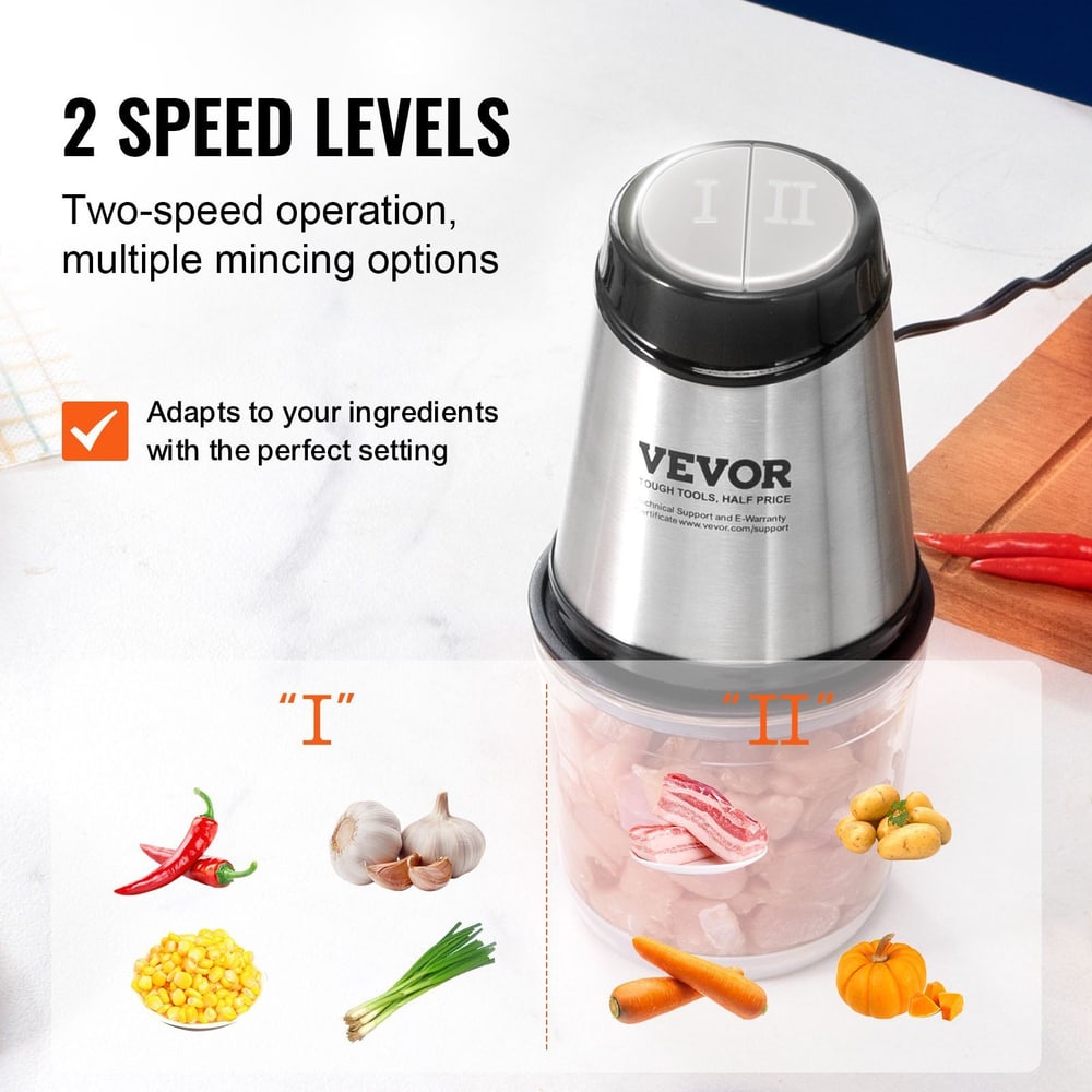 Vevor electric food chopper with two-speed levels for mincing vegetables and meats.