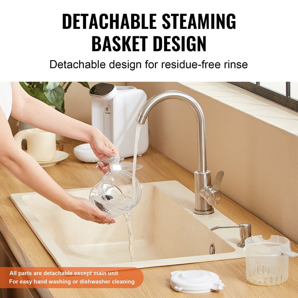 Person rinsing detachable steaming basket under a kitchen faucet for residue-free cleaning.