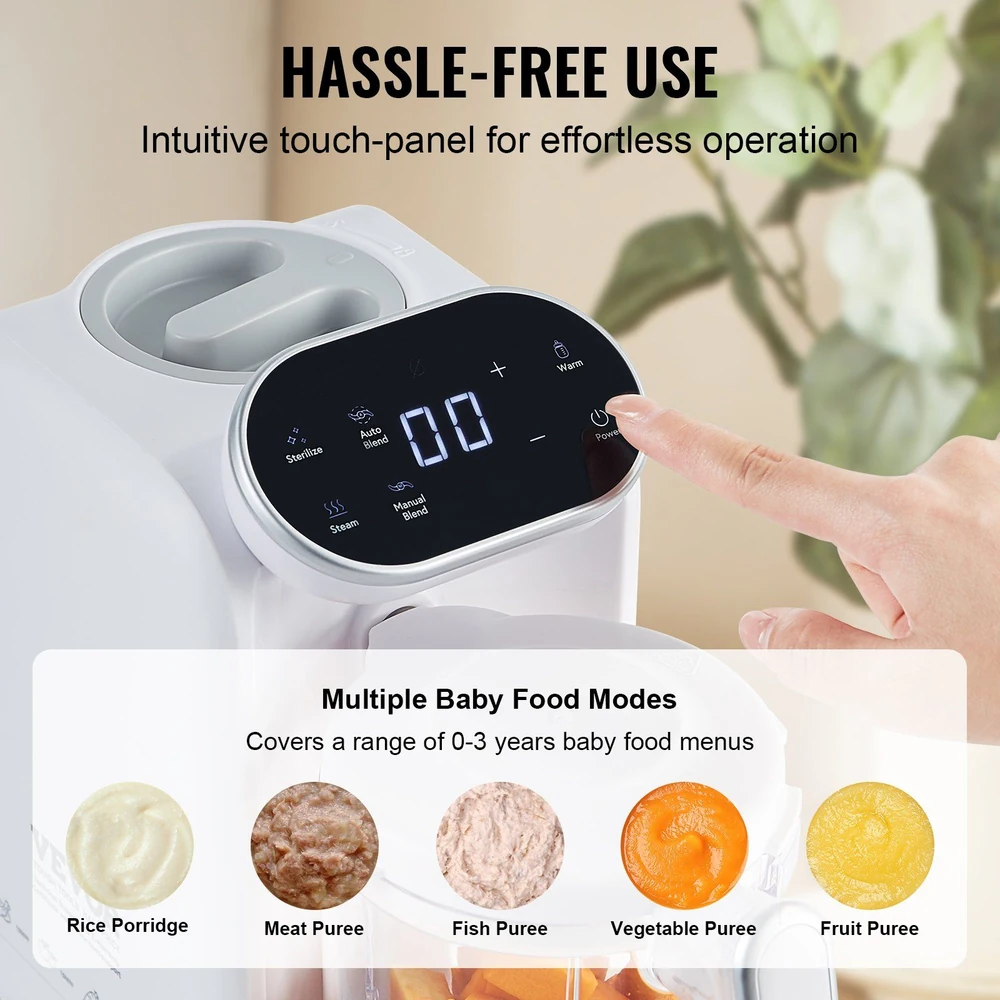 Baby food maker with intuitive touch-panel displaying multiple modes for rice porridge, meat, fish, vegetable, and fruit purees