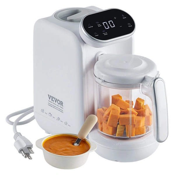 Vevor baby food maker with digital display and jar of diced vegetables next to a bowl of pureed baby food.