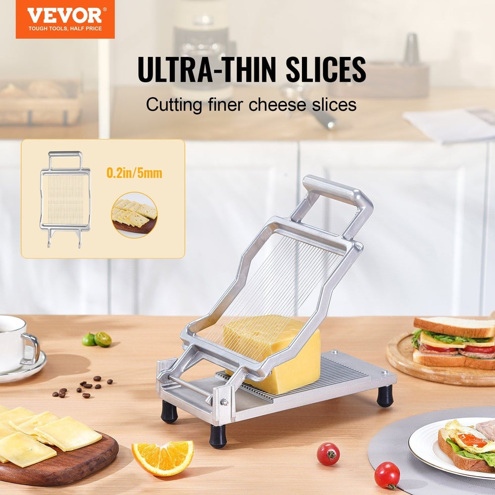 Cheese slicer cutting ultra-thin slices with 0.2in/5mm precision, Vevor logo and breakfast setup.