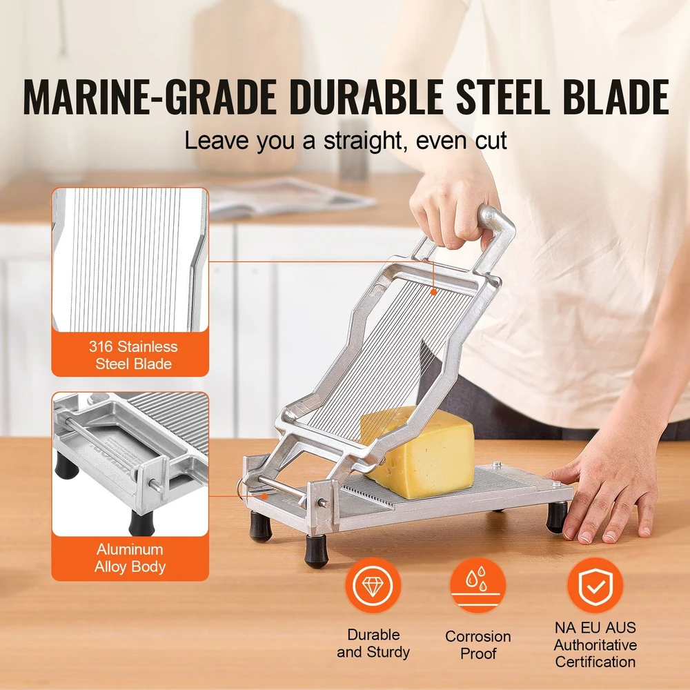 A person using a cheese slicer with a marine-grade durable steel blade and aluminum alloy body, ensuring straight, even cuts; highlighted features include durability, corrosion-proof, and NA EU AUS certification.