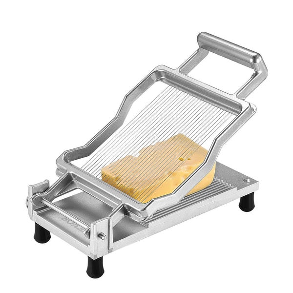 Stainless steel cheese slicer with a block of cheese ready to be sliced