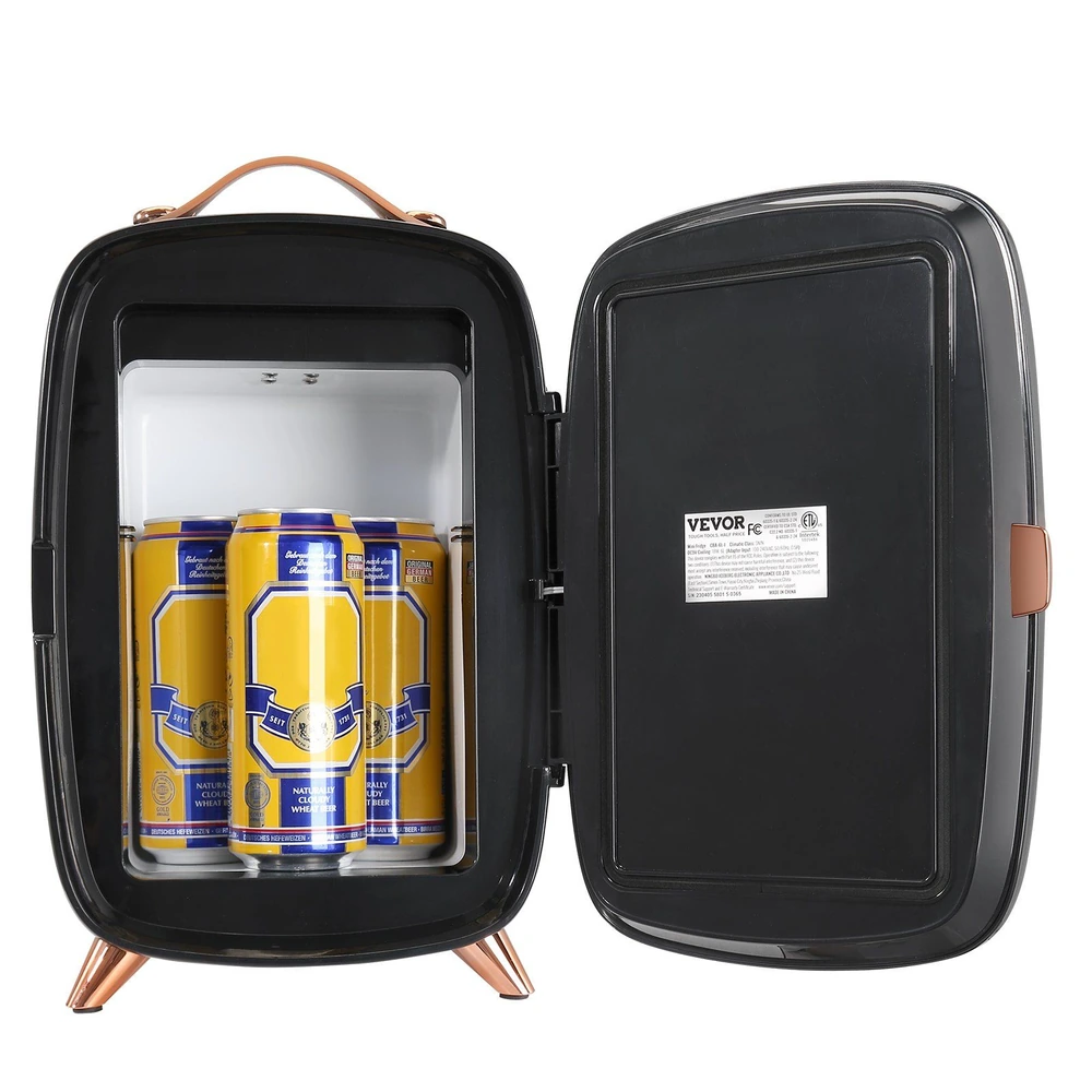 Compact VEVOR mini fridge with open door showing four yellow and blue beverage cans inside.
