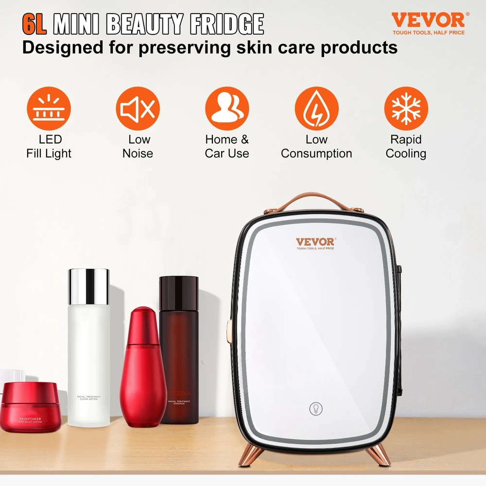 6L mini beauty fridge for skin care products by Vevor, featuring LED fill light, low noise, home and car use, low consumption, and rapid cooling.