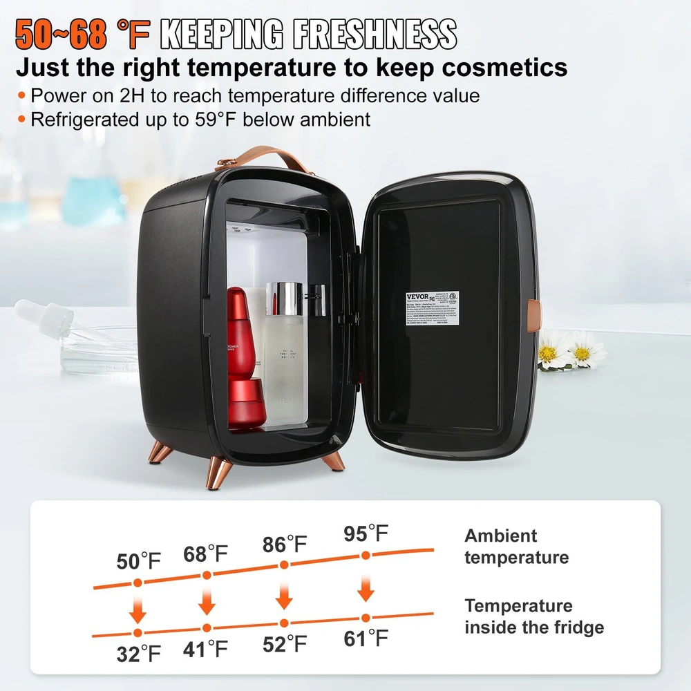 Portable mini fridge for keeping cosmetics fresh at optimal temperature.