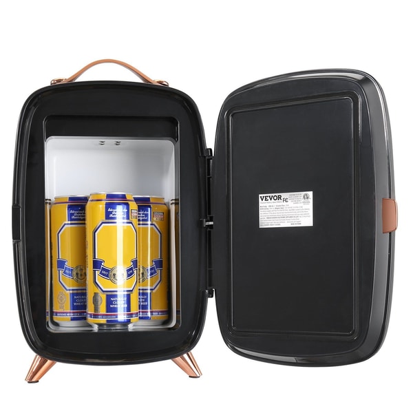 Compact VEVOR mini fridge with open door showing four yellow and blue beverage cans inside.