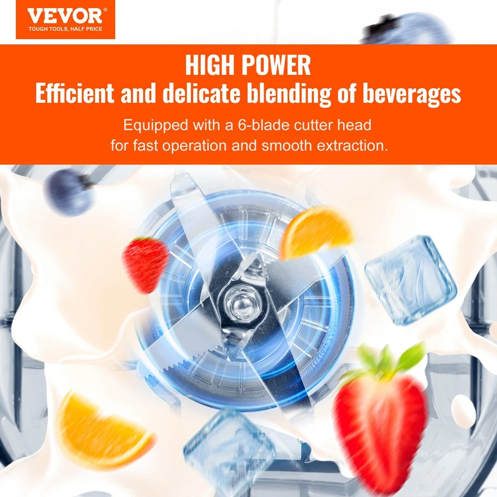High-power blender with 6-blade cutter head blending fruits, ice, and beverages.