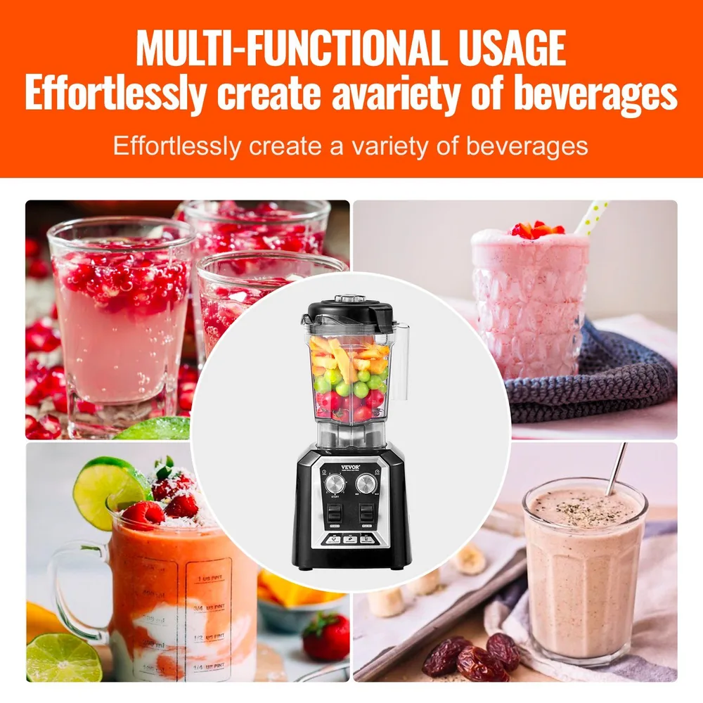 Blender with fruit, smoothies, and juice showing its multi-functional usage for various beverages.