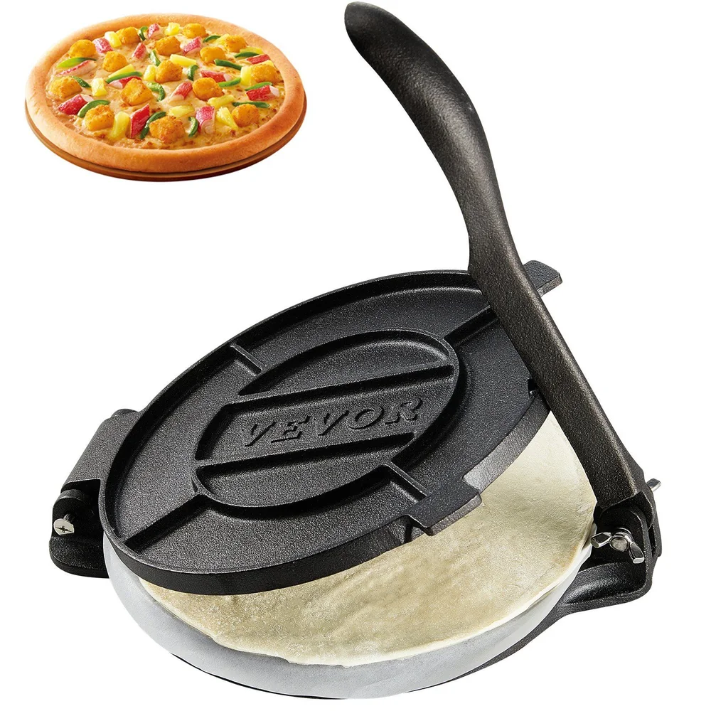 VEVOR tortilla press with freshly made pizza in the background