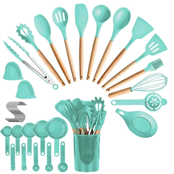 Turquoise kitchen utensils set with measuring cups, tongs, whisks, spatulas, slotted spoons, and wooden handles.