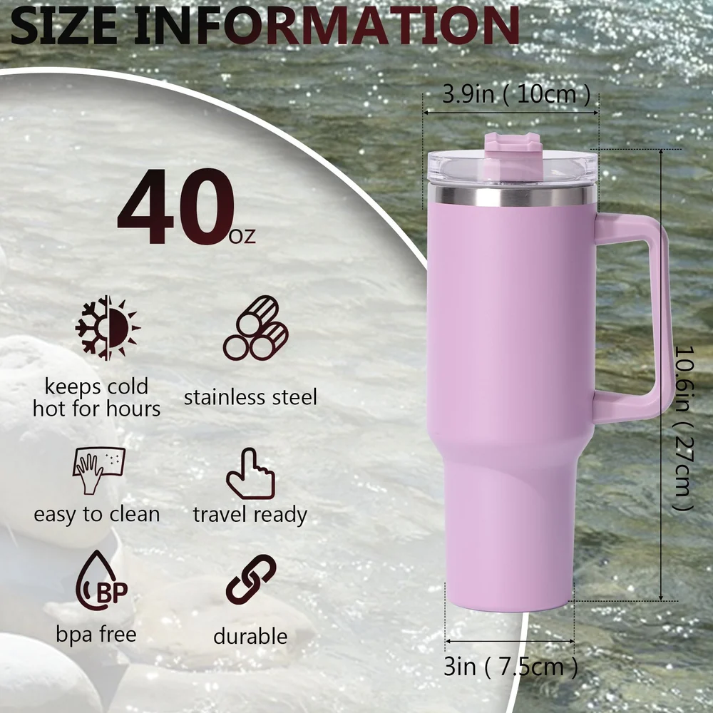 Purple stainless steel travel mug, 40 oz size, keeps beverages hot or cold for hours, BPA-free, easy to clean, durable, dimensions shown.