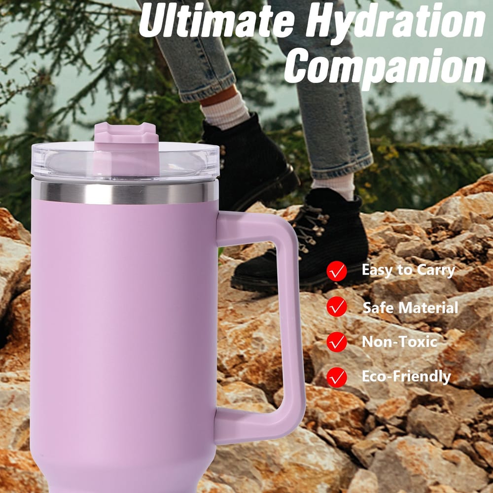 Large pink insulated water bottle in front of rocky landscape with text "Ultimate Hydration Companion" and checklist for easy to carry, safe material, non-toxic, eco-friendly.