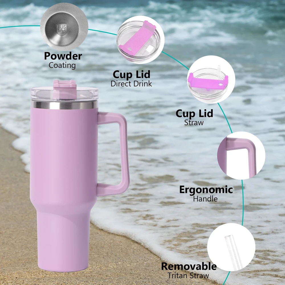 Pink travel mug with powder coating, direct drink and straw cup lids, ergonomic handle, and removable Tritan straw on a beach.