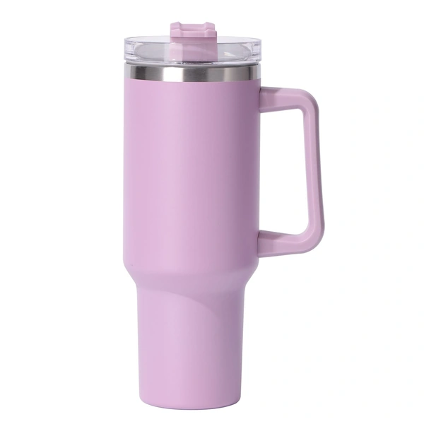 Pink travel mug with handle and clear lid
