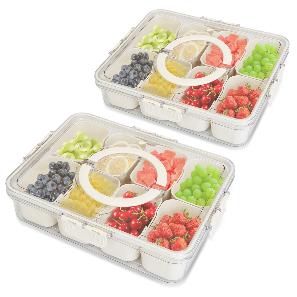 Two transparent storage containers filled with fresh fruits like grapes, strawberries, cherries, watermelon, lemon slices, blueberries, and pineapple chunks.