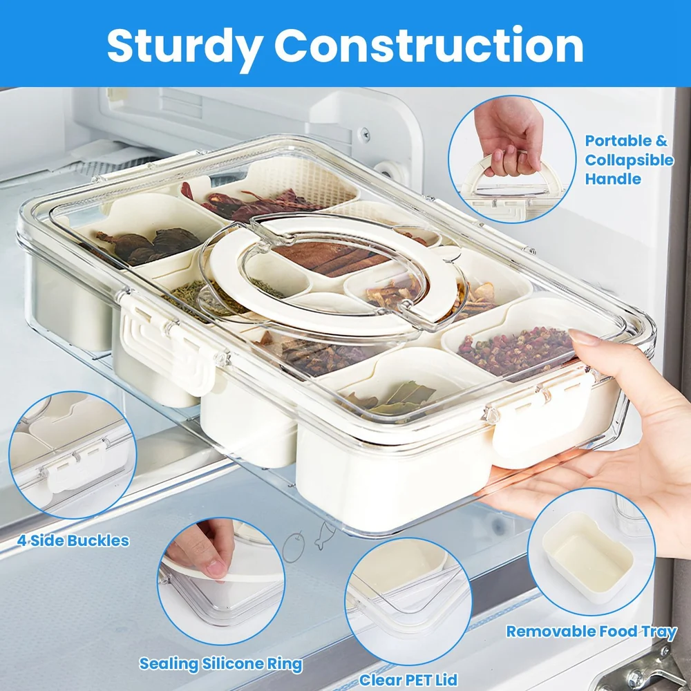 Transparent food storage container with sturdy construction, portable handle, 4 side buckles, sealing silicone ring, clear PET lid, and removable food tray being placed in fridge.