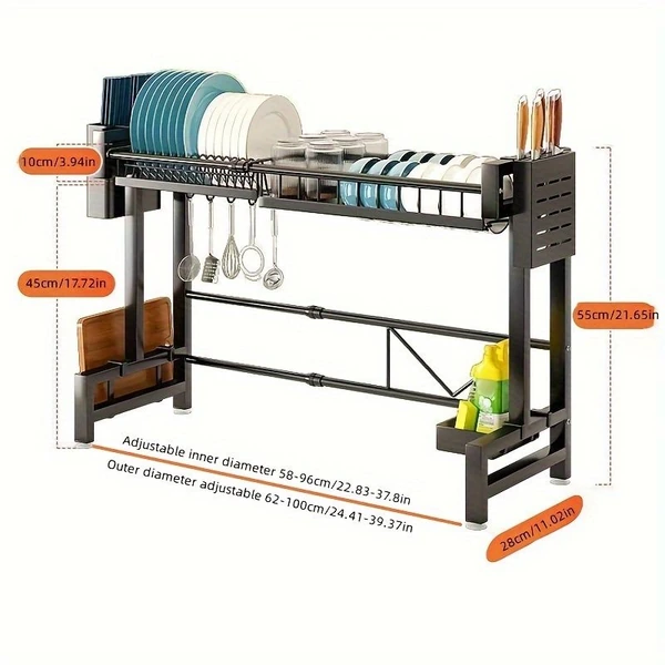 Adjustable over-the-sink dish drying rack with dimensions and storage compartments for plates, utensils, and knives.