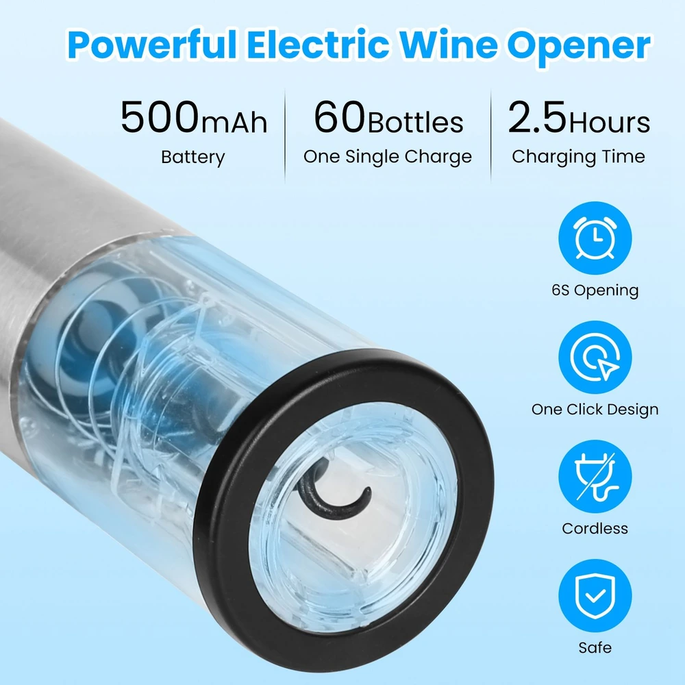 Powerful electric wine opener with 500mAh battery, opens 60 bottles on a single charge in 2.5 hours, featuring one-click design and cordless operation.