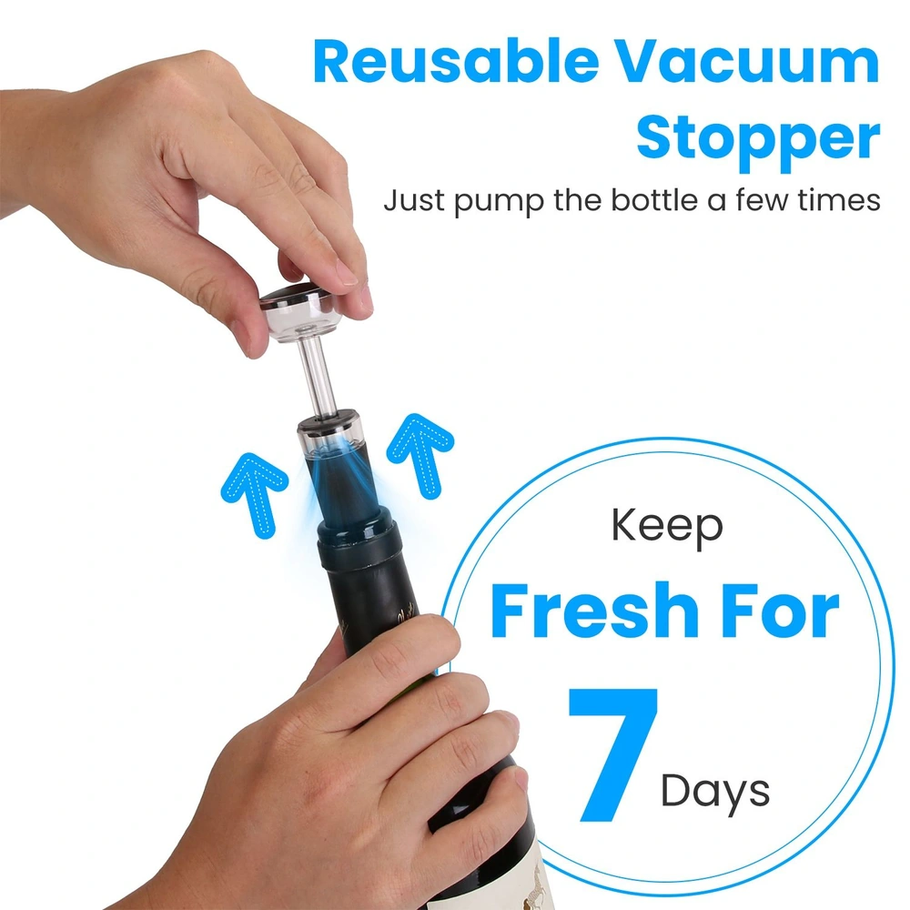 Image of hands using a reusable vacuum stopper to keep wine fresh for 7 days