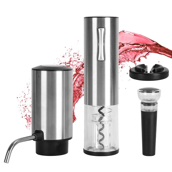Modern wine opener set with electric corkscrew, aerator, and wine pourer against splash of red wine.
