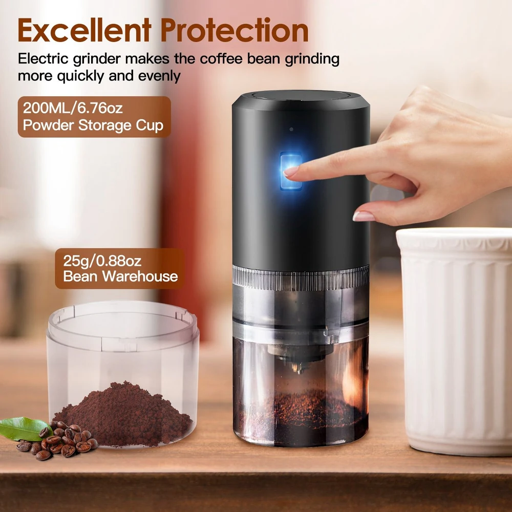 Hand pressing electric coffee grinder with powder storage cup and bean warehouse on table
