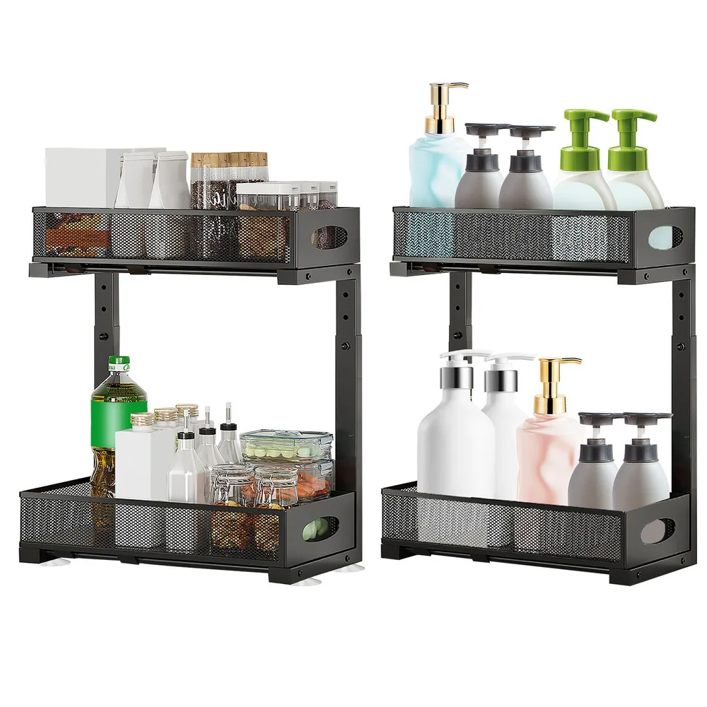 Two black metal organizer racks holding various kitchen and bathroom items, including jars, bottles, canisters, and dispensers.