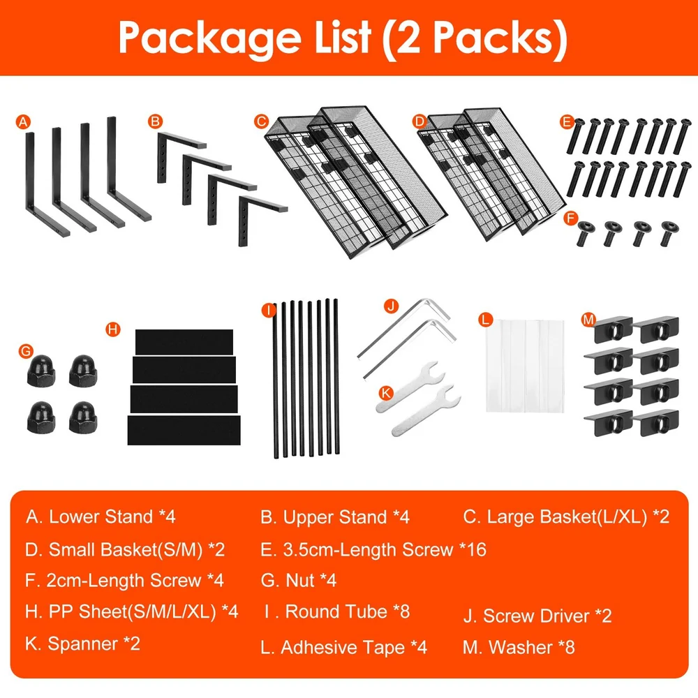 Package list showing parts for assembling a multi-tier basket storage organizer including stands, baskets, screws, nuts, tubes, screwdriver, spanner, adhesive tape, and washers.