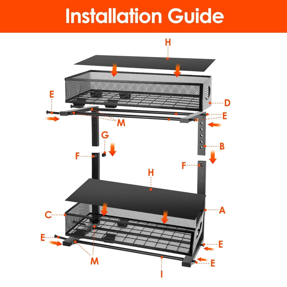 Installation guide for assembling a metal storage rack with labeled parts.