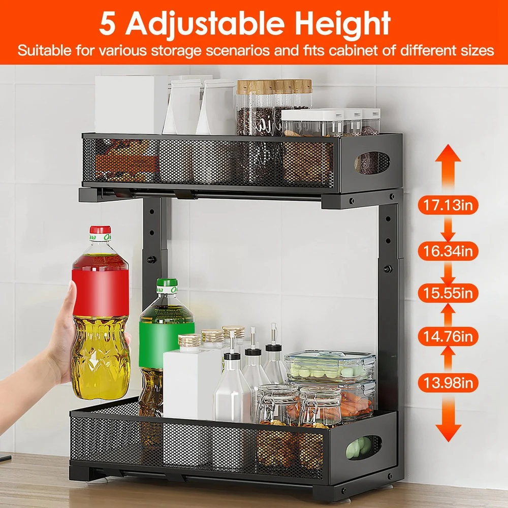 Adjustable shelf with five height options and various kitchen items stored, suitable for various cabinets sizes.