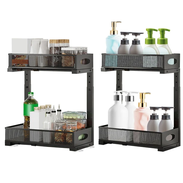 Two black metal organizer racks holding various kitchen and bathroom items, including jars, bottles, canisters, and dispensers.