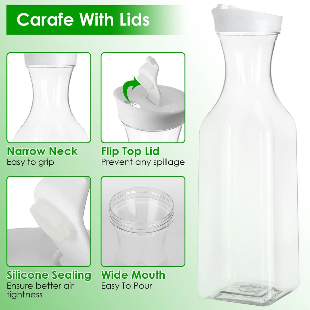 Glass carafe with lid showcasing narrow neck, flip top lid, silicone sealing, and wide mouth features.