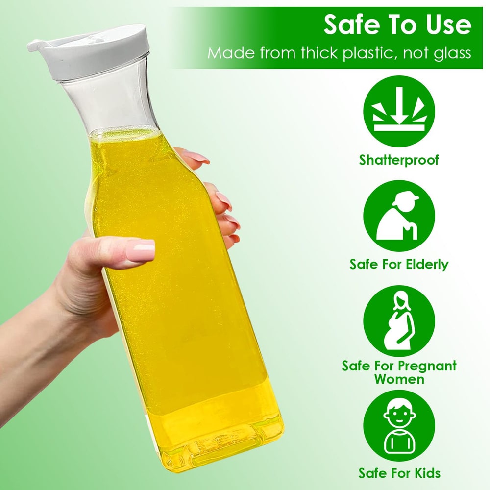 Hand holding shatterproof plastic jug with yellow liquid, labeled safe for elderly, pregnant women, and kids.