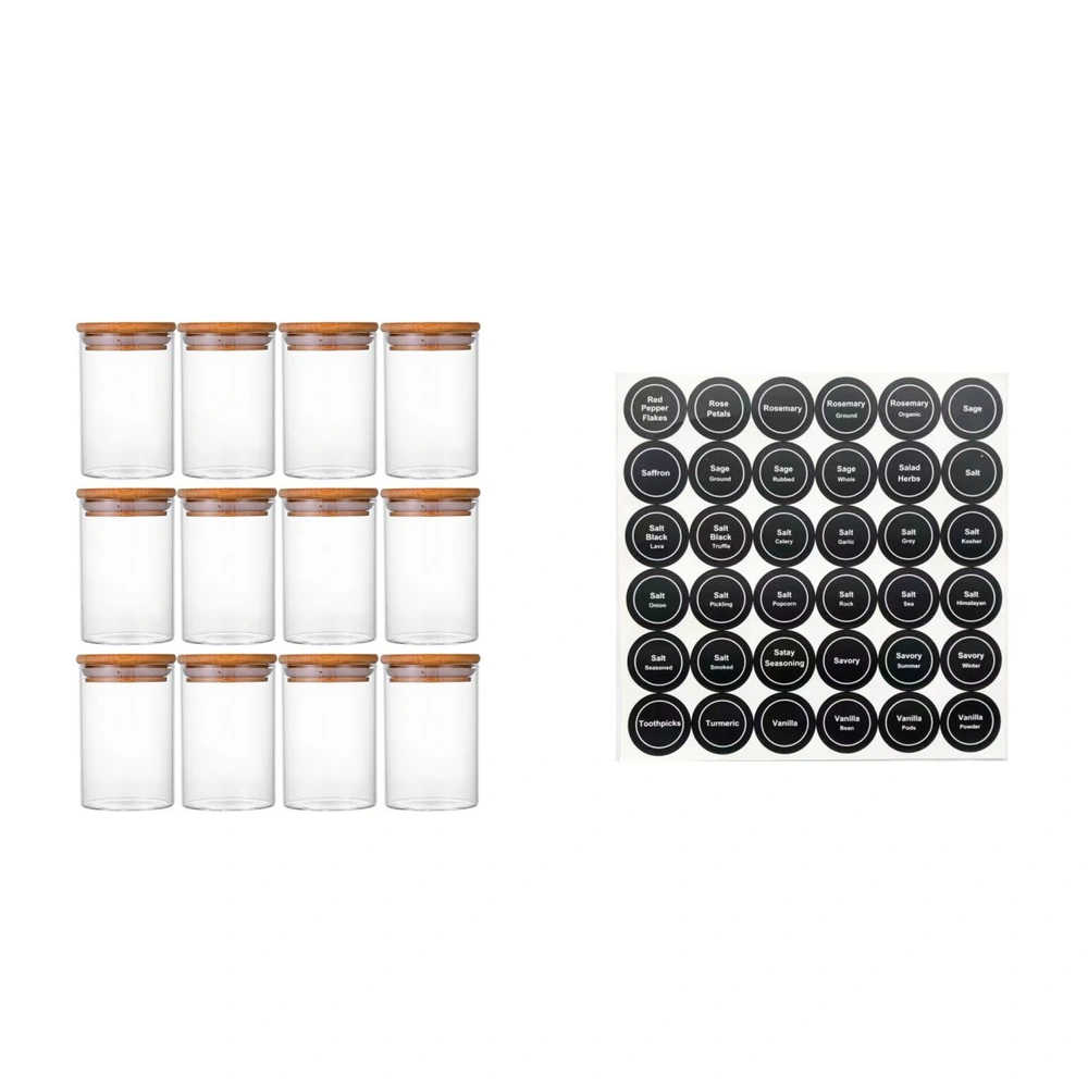 Set of 12 glass jars with wooden lids and black spice labels