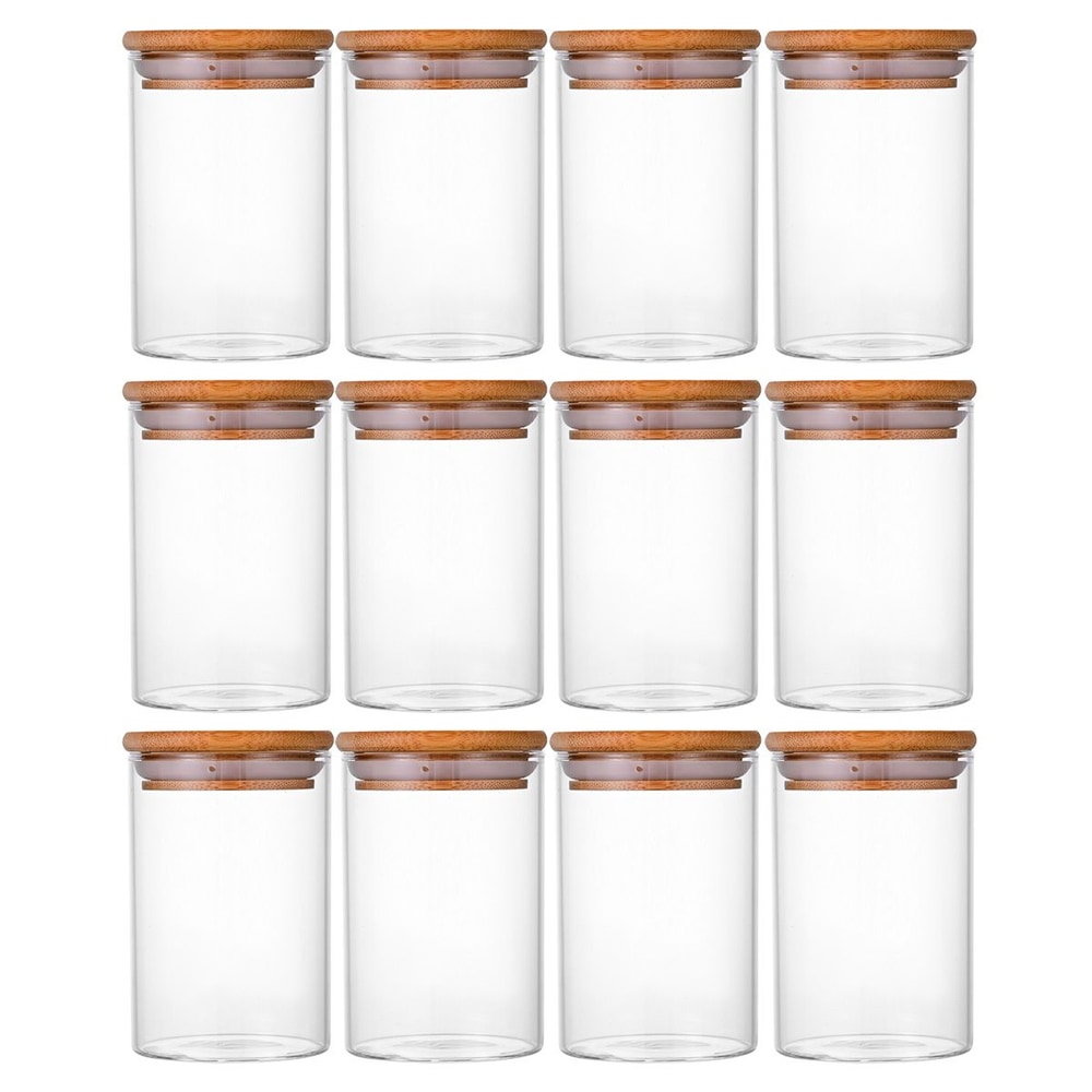 Set of 12 clear glass jars with wooden lids arranged in rows.