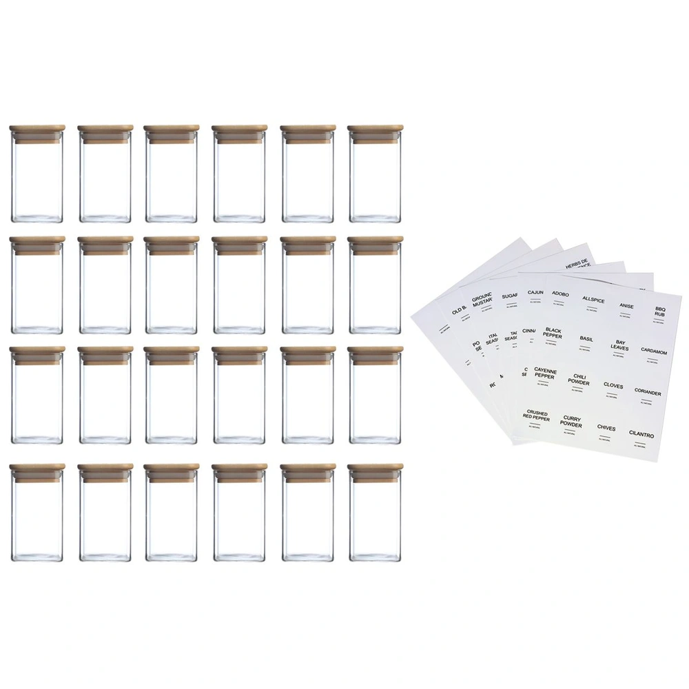 Set of 18 clear spice jars with tan lids and printable spice labels on white background.