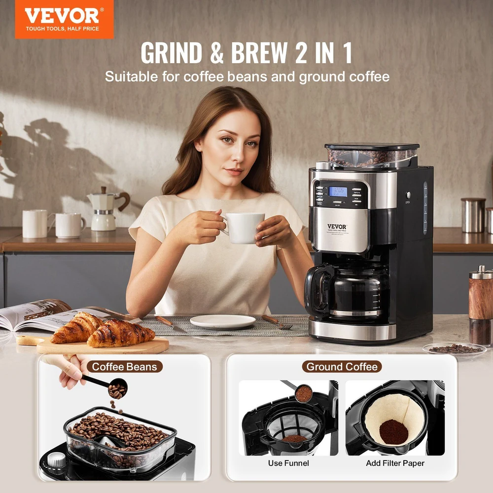 Woman using Vevor grind and brew coffee maker with coffee beans and ground coffee options in a kitchen setting.