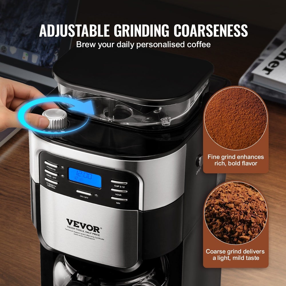 Image of a Vevor coffee grinder with adjustable grinding coarseness settings, showing options for fine grind to enhance bold flavor and coarse grind for a mild taste.
