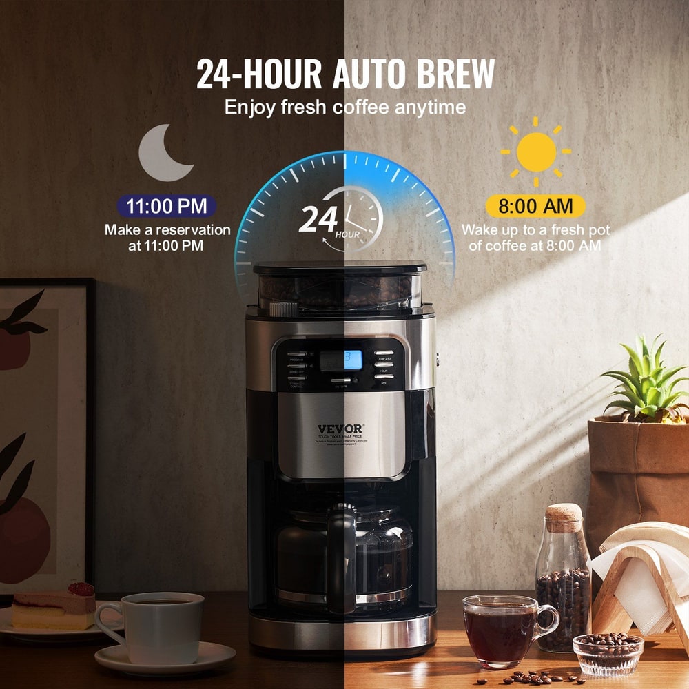 Vevor 24-hour auto brew coffee maker showing nighttime and daytime usage options.