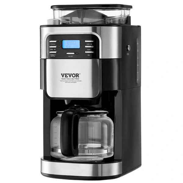 Vevor programmable coffee maker with built-in grinder and glass carafe.