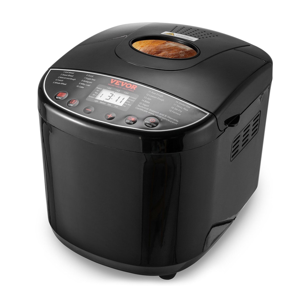 Black VEVOR bread maker machine with digital control panel showing timer and loaf of bread inside.
