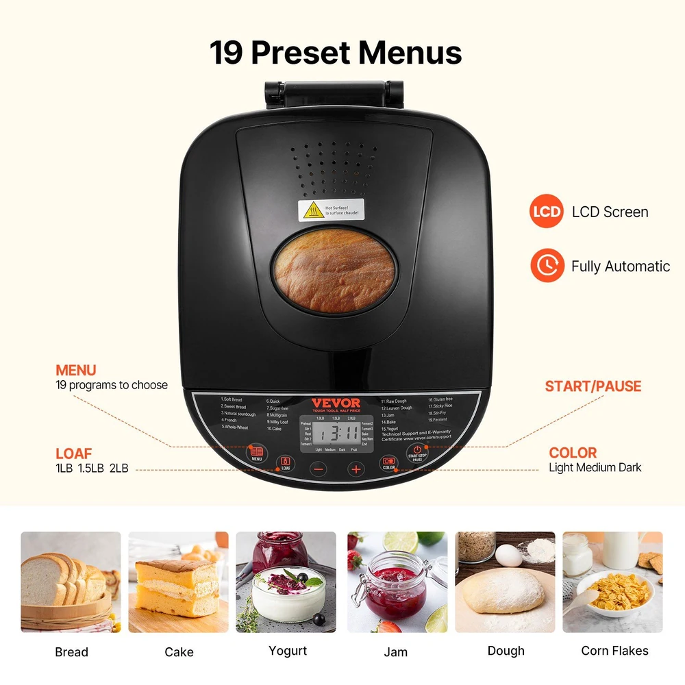 Vevor bread machine with 19 preset menus, LCD screen, and fully automatic features displayed, capable of making bread, cake, yogurt, jam, dough, and corn flakes.