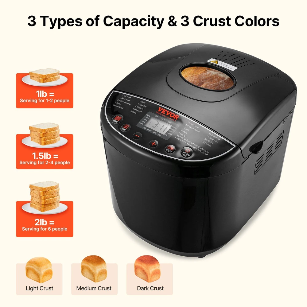 Vevor bread maker displaying 3 types of loaf capacities with serving sizes and 3 crust color options.