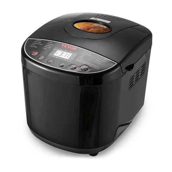 Black VEVOR bread maker machine with digital control panel showing timer and loaf of bread inside.