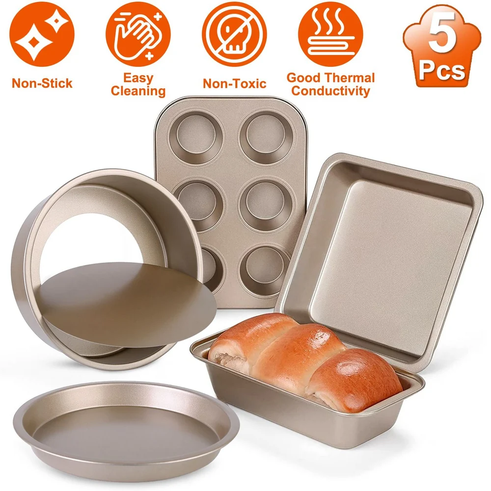 Set of 5 non-stick, non-toxic baking pans includes round, square, loaf, muffin, and cake pans with easy cleaning and good thermal conductivity.