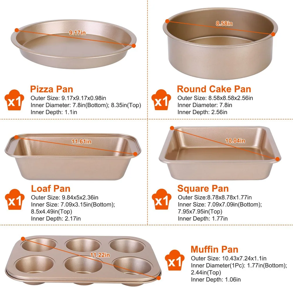 Image displaying five different bakeware pans: pizza pan, round cake pan, loaf pan, square pan, and muffin pan, with their measurements.
