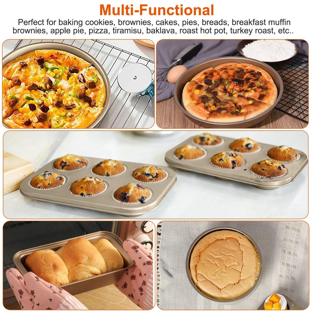 Multi-functional baking pans shown with various baked goods including pizza, muffins, bread, and cheesecake.